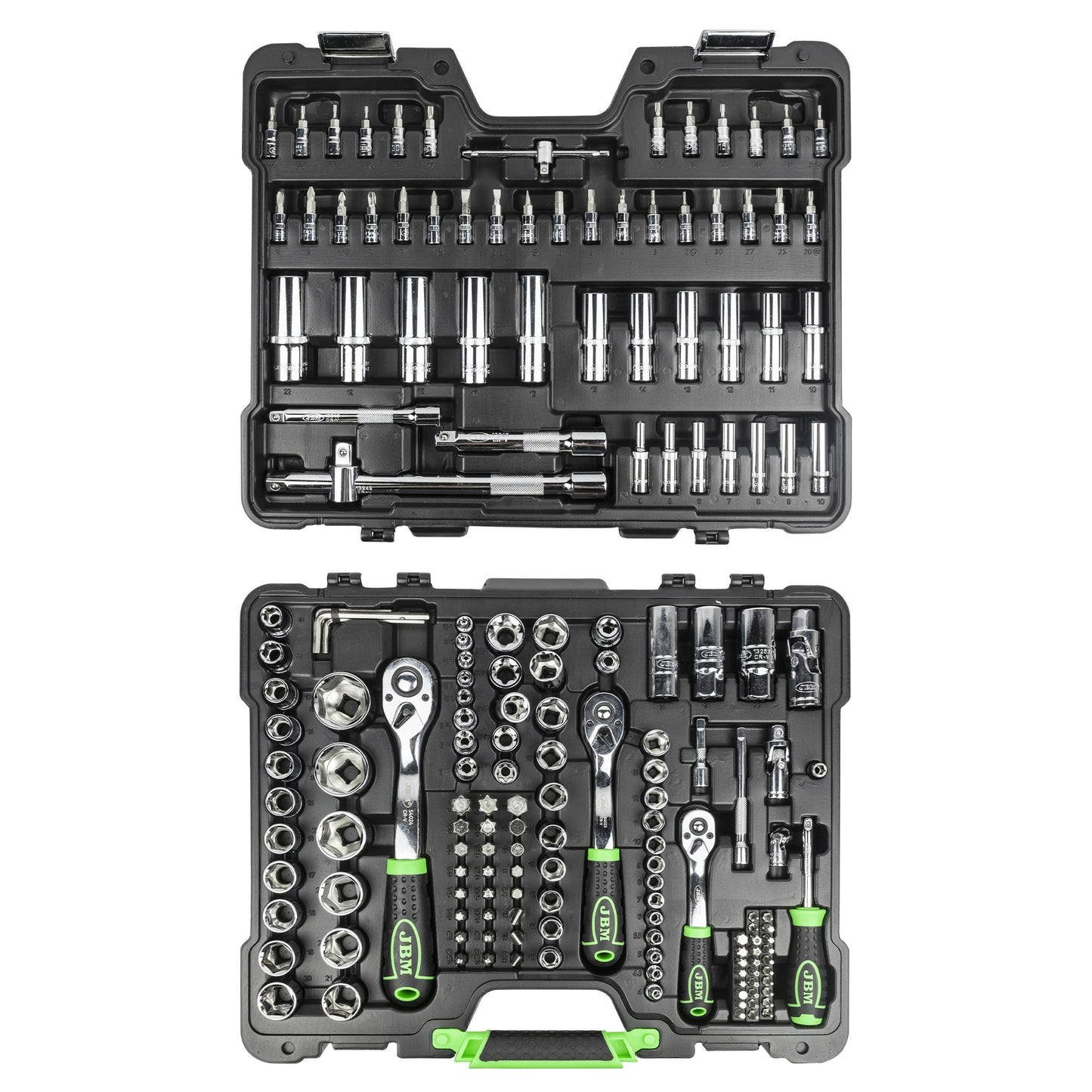 SET DI UTENSILI DA 179 PEZZI CON BUSSOLE ESAGONALI DA 1/4", 3/8" E 1/2" – FINITURA CROMATA