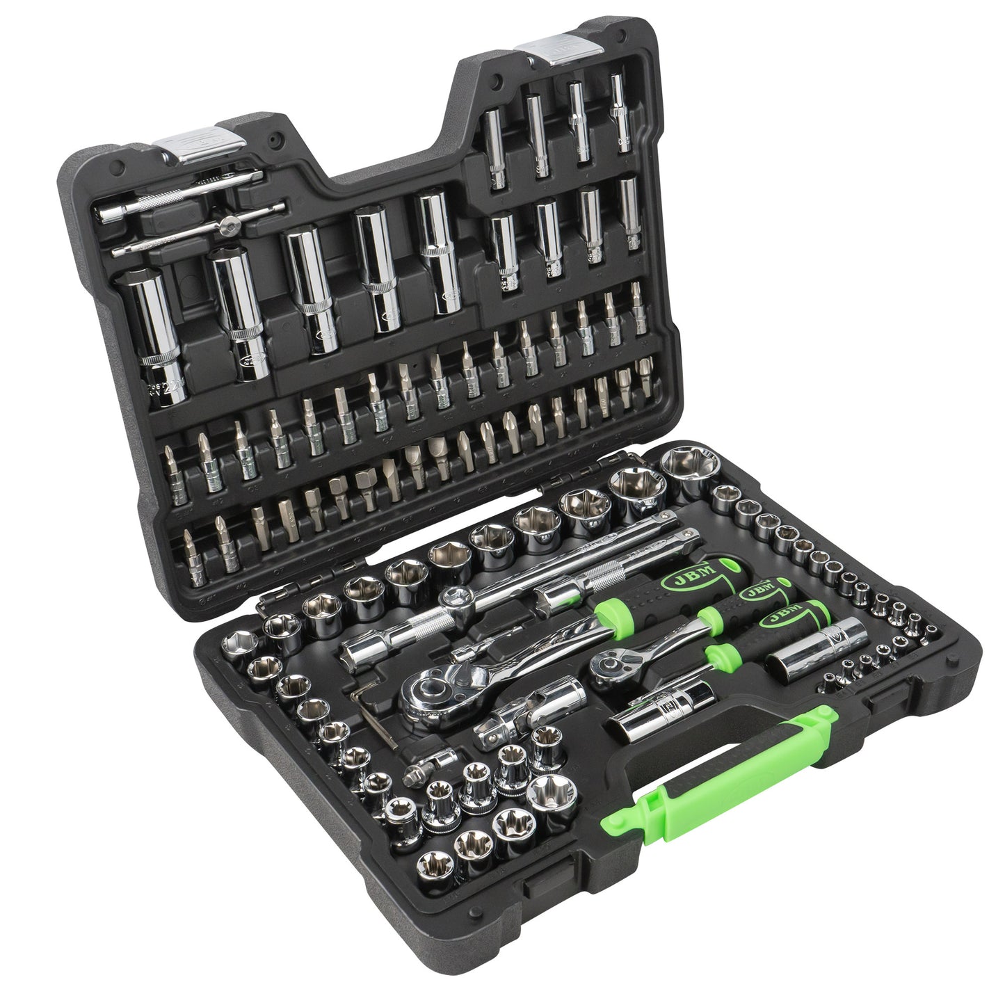 SET DI UTENSILI DA 108 PEZZI CON BUSSOLE ESAGONALI DA 1/4" E 1/2" – FINITURA CROMATA