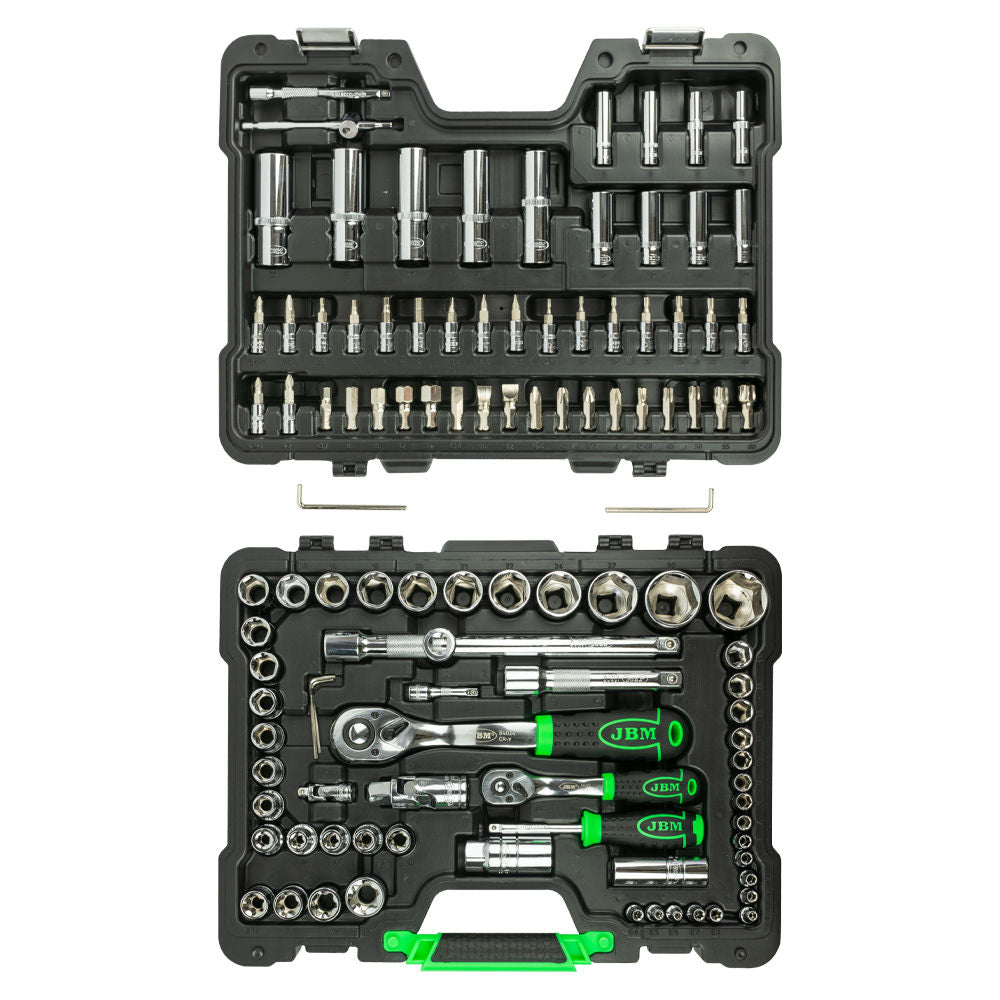 SET DI UTENSILI DA 108 PEZZI CON BUSSOLE ESAGONALI DA 1/4" E 1/2" – FINITURA CROMATA