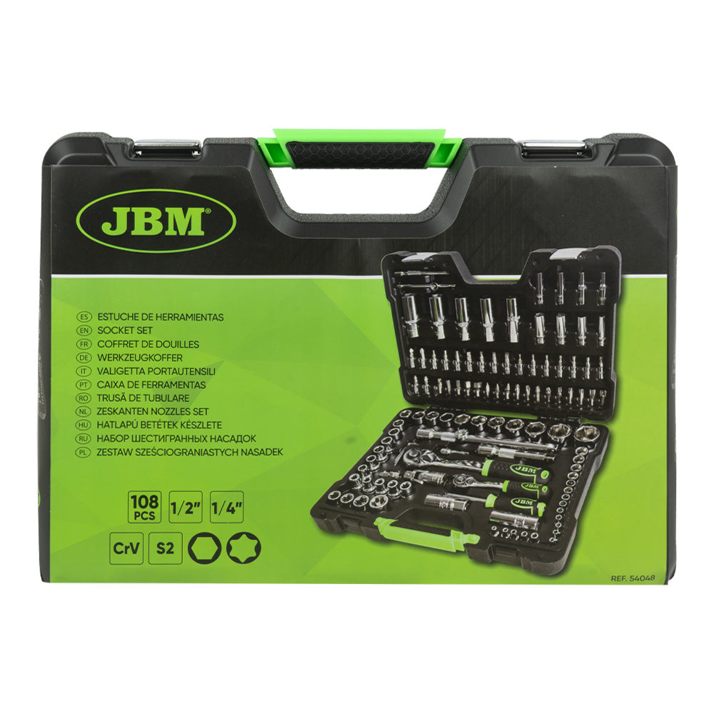 SET DI UTENSILI DA 108 PEZZI CON BUSSOLE ESAGONALI DA 1/4" E 1/2" – FINITURA CROMATA