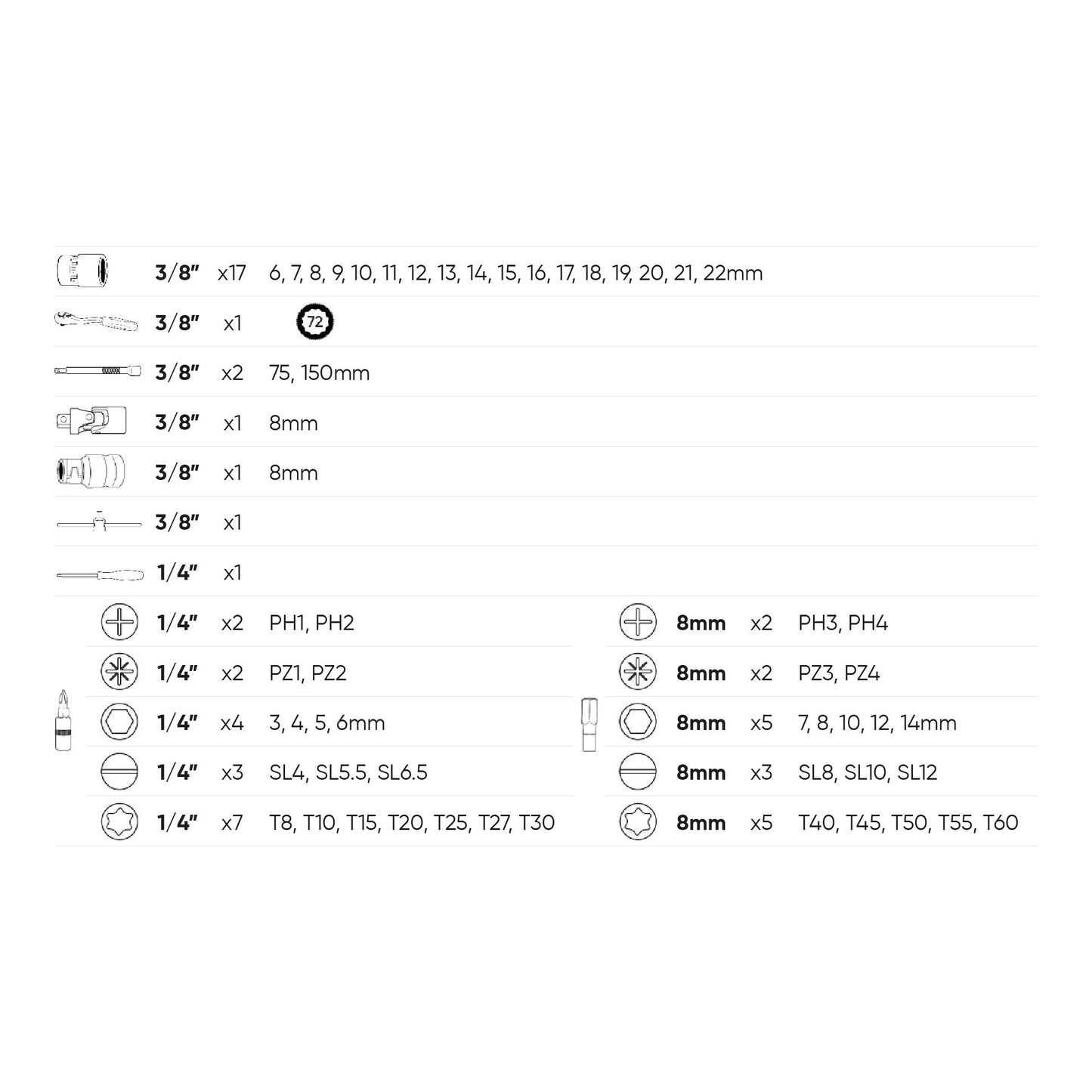 VALIGETTA DI UTENSILI 59 PEZZI CON BUSSOLE 3/8" - FINITURA ZINCO